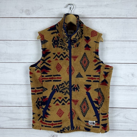 The North Face Jackets & Blazers - The North Face Tan Patterned Sherpa Vest with Navy & Red Accents